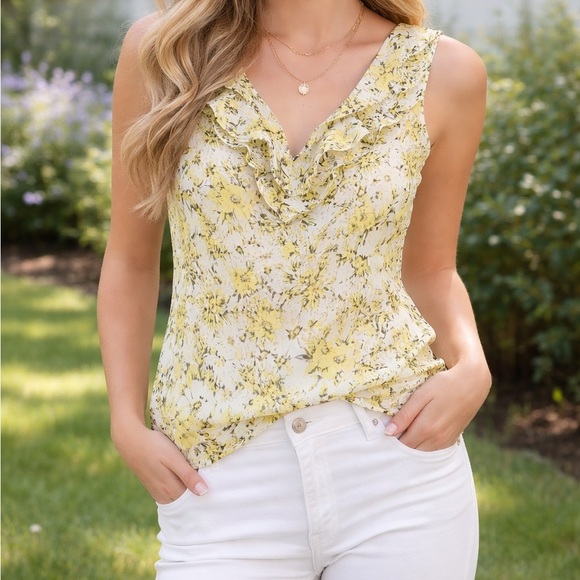LOFT Tops - Yellow Floral Ruffle Neck Blouse Tank Top LOFT Size 4 Feminine Spring